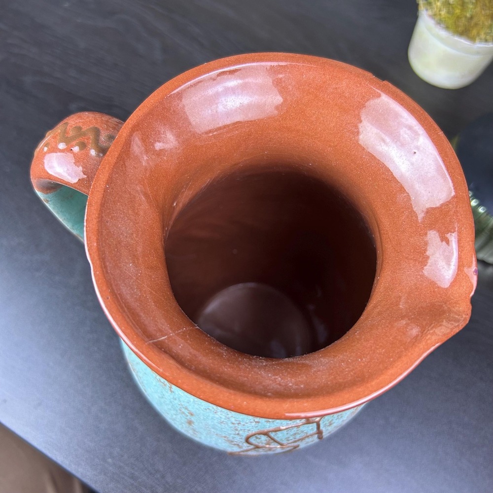 Southwestern Pottery Petroglyph Pitcher Turquoise And terracotta Vase Kokopelli - Picture 4 of 16